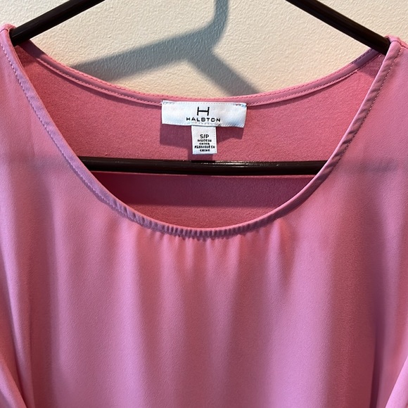 H Halston Blush colored top  2 contrasting fabrics /waistline tie Scoopneck Sz S - Picture 2 of 12